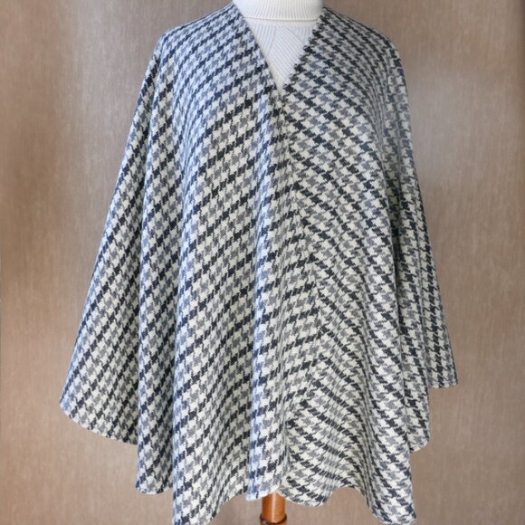 Grey & White Houndstooth Pure Italian Wool Cape Coat - Picture 1 of 10